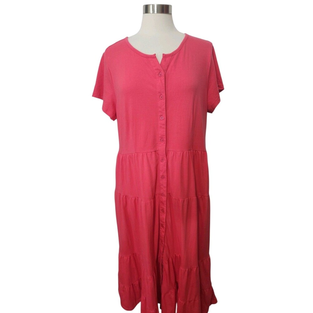 Collections Etc Womens Midi Button Dress XL Dark Pink Knit Tiered Ruffle SS